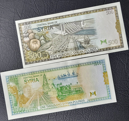 Set of 50, 100, 200, 500 and 1000 Lira Syria 1990s Syrian Pounds Uncirculated UNC (7 banknotes)