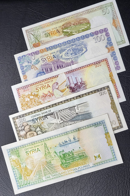 Set of 50, 100, 200, 500 and 1000 Lira Syria 1990s Syrian Pounds Uncirculated UNC (7 banknotes)