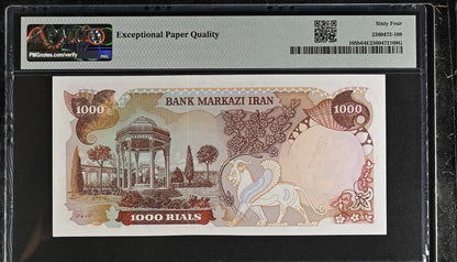 1000 Rial 1974 Pahlavi Persian note PMG 64 and 65 EPQ Uncirculated P 105b (two consecutive notes)