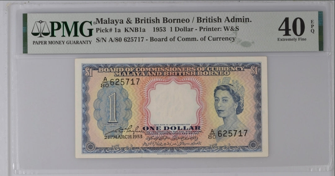 Malaya and British Borneo one Dollar 1953 Pick 1a PMG 40