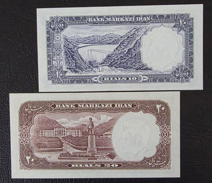 Pahlavi Shah 10 and 20 Rials 1961 Bank Markazi Gem Uncirculated (UNC) (two notes)