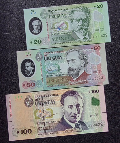 Uruguay set of 20, 50 and 100 Pesos 2015- 2020 Uncirculated UNC (three notes)