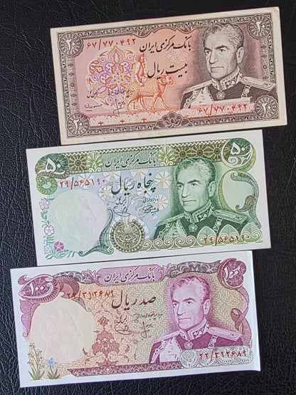 Mohammadreza Shah Pahlavi banknotes 20, 50, 100, 200, 500, 1000 and 5000 Rials 1974 Very fine (VF) to Uncirculated (UNC) (seven notes)