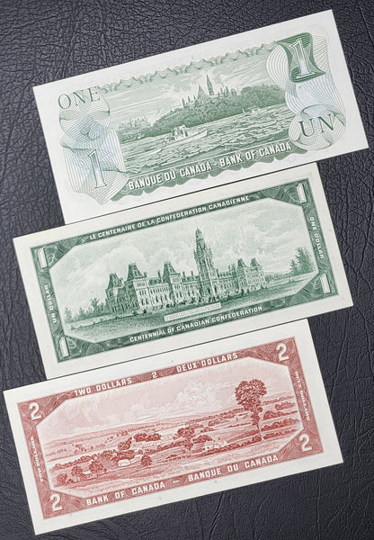 Set of 1 one and 2 Two Dollars 1954- 1973 (three notes) Chronological order Canada Uncirculated UNC Gem