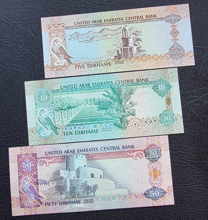 Set of 5, 10 and 50 Dirhams 2008- 2017 Old versions UAE Uncirculated (UNC) (three notes)