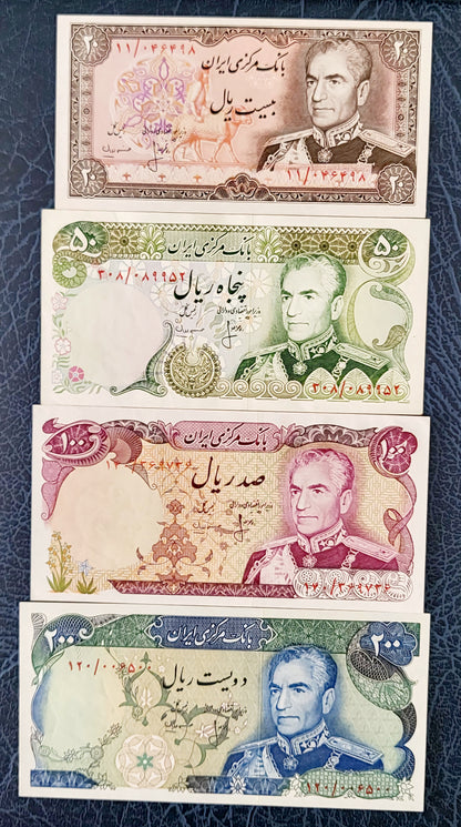 Set of 20, 50, 100, and 200 Rials Pahlavi Shah Persian notes Uncirculated UNC- Unique Gift set