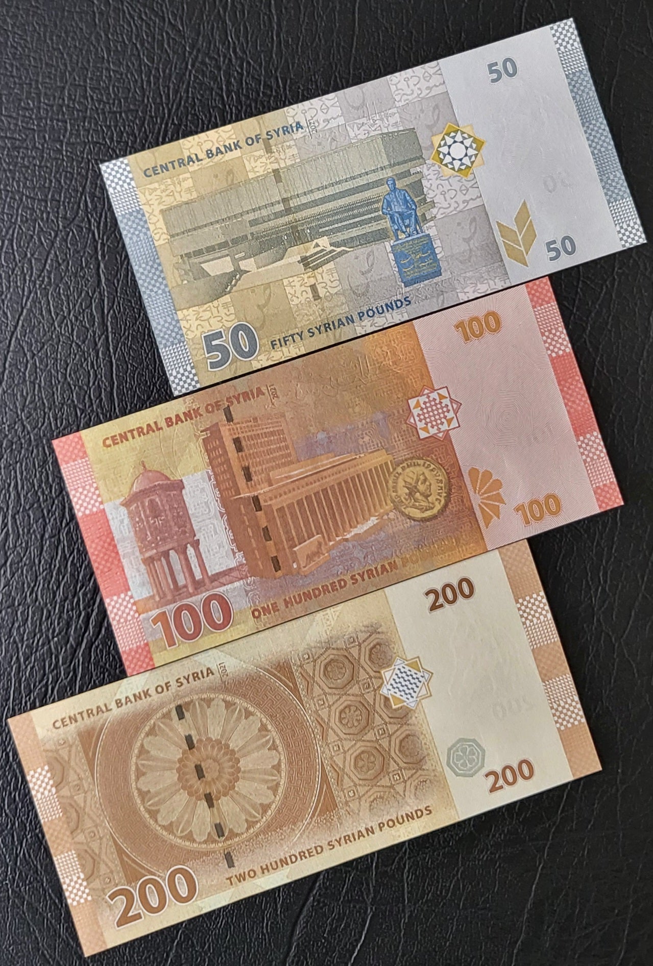 Set of 50, 100, 200 Lira Syria Last issue Syrian Pounds Uncirculated UNC Gem
