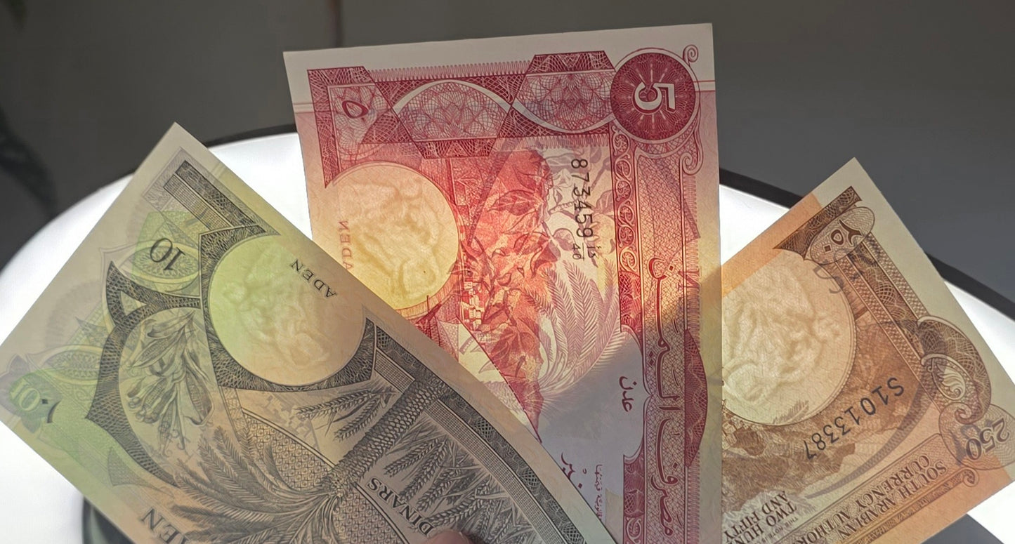 Set of 250 Fils, 5, and 10 Dinars 1965-84 Yemen Democratic Republic Uncirculated UNC (3 banknotes)