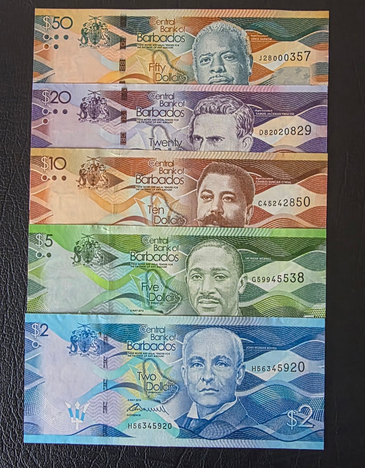 Barbados 2, 5, 10, 20 and 50 Dollars 2013 Uncirculated UNC (5 notes)