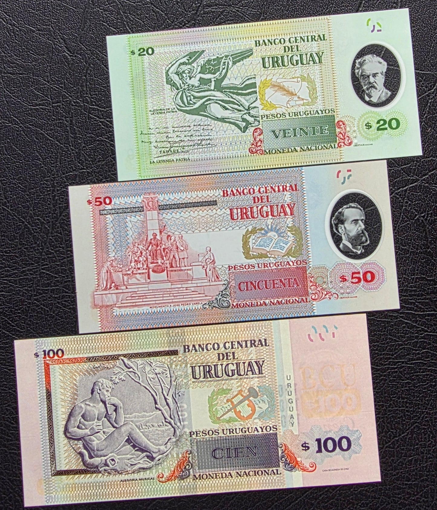 Uruguay set of 20, 50 and 100 Pesos 2015- 2020 Uncirculated UNC (three notes)