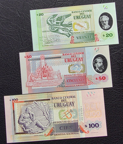 Uruguay set of 20, 50 and 100 Pesos 2015- 2020 Uncirculated UNC (three notes)