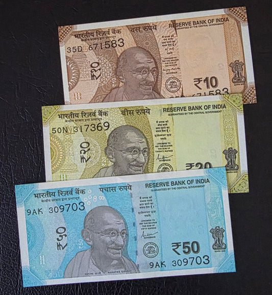 India Rupees set of 10, 20 and 50  Rupees 2020s Gem Uncirculated UNC (3 banknotes)