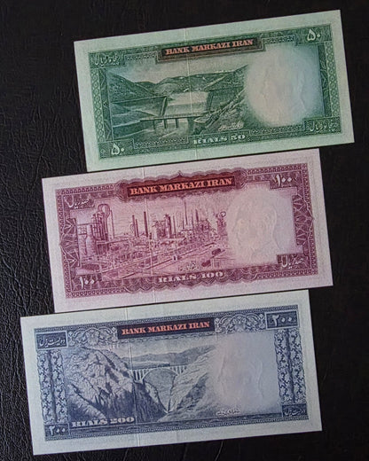 Pahlavi banknotes 50, 100, 200, 500 and 1000 Rials 1971 Jahanshahi Sign. About Uncirculated to Gem Uncirculated (UNC)- Five notes