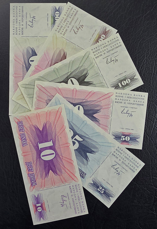 Bosnia set of 10, 25, 50, 100, 500 and 1000 Dinara 1992 Gem Uncirculated UNC (six notes)