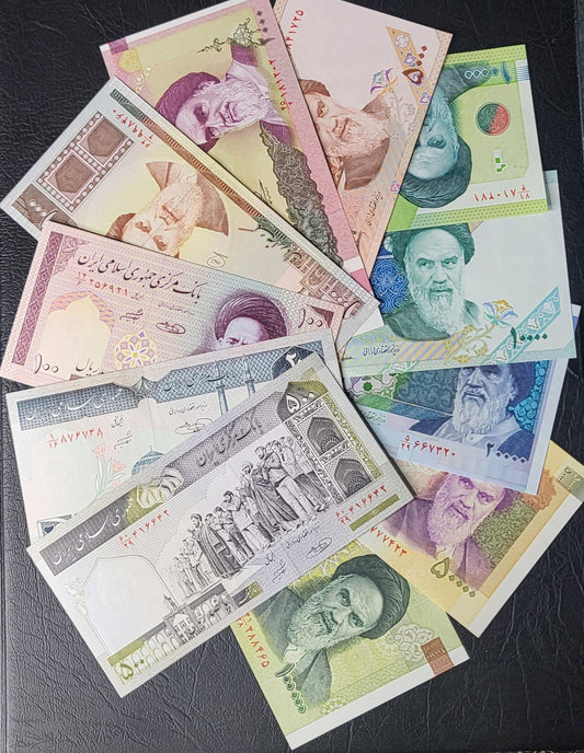 Full Set of 100, 200, 500, 1000, 2000, 5000, 10000 (2), 20000, 50000 and 100000 Rials 1985-2020 Iran Persian banknotes Uncirculated UNC Gem  (11 banknotes)