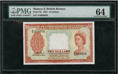 Malaya and British Borneo Malaysia 10 Dollars 1953 Choice Uncirculated UNC PMG 64