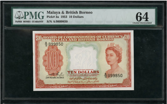 Ten 10 Dollars 1953 Malaya and British Borneo Malaysia 3a Choice Uncirculated UNC PMG 64