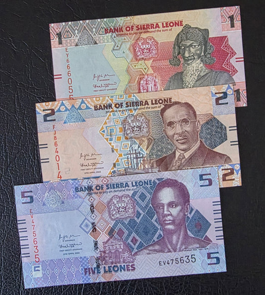 Sierra Leone Leones set of 1, 2 and 5 Leones 2022 Gem Uncirculated UNC (3 banknotes)