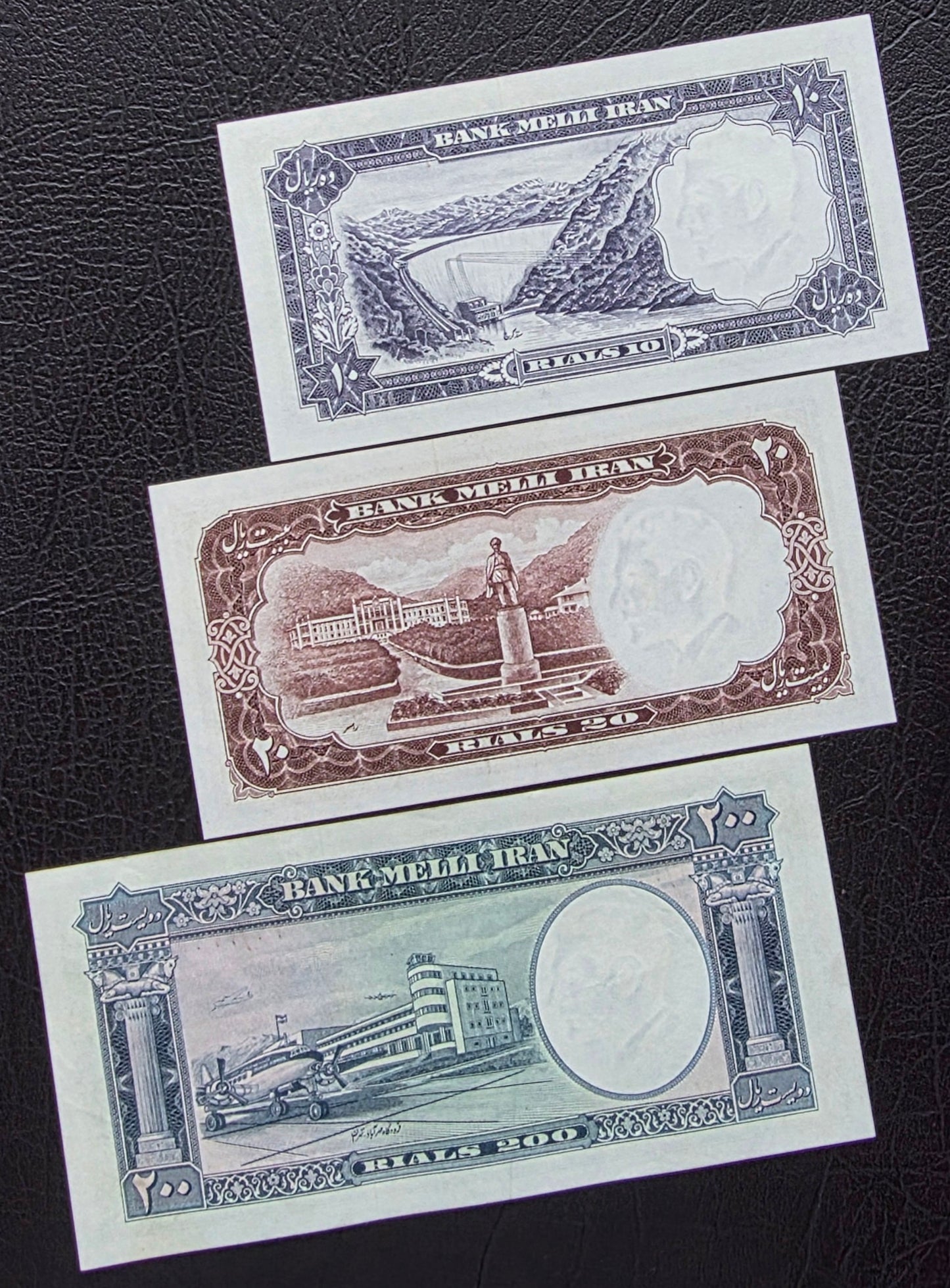 Full set of 10, 20, and 200 Rials 1958 Monarchy Portrait note Choice Uncirculated (UNC)