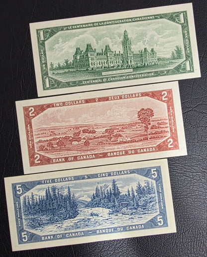 Set of 1, 2 and 5 Dollars 1954- 1967 (three notes) Chronological order Canada Gem Uncirculated (UNC)