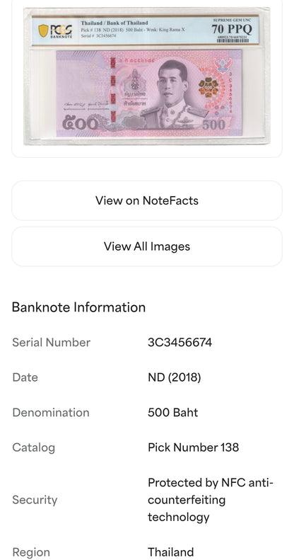 500 Baht 2018 Thailand Supreme Gem Uncirculated UNC 70 PPQ EPQ P 138