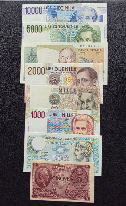 Set of 5, 500, 1000 (×2), 2000(x2), 5000 and 10000 1944- 1990s Lire Italy Italia Gem Uncirculated UNC (8 notes) Rare set