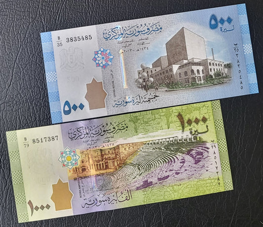 Set of 500 and 1000 Lira Syria Syrian Pounds Uncirculated UNC Gem