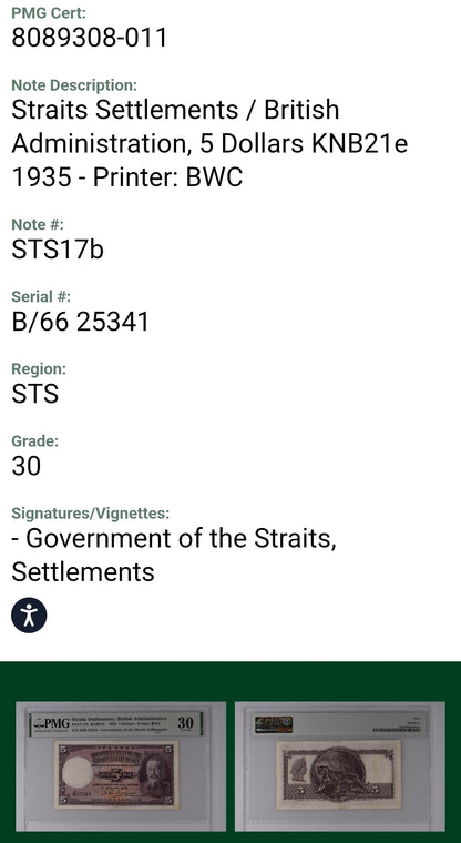Straits Settlements/British Administration 5 Dollars 1935 Pick 17b PMG 30