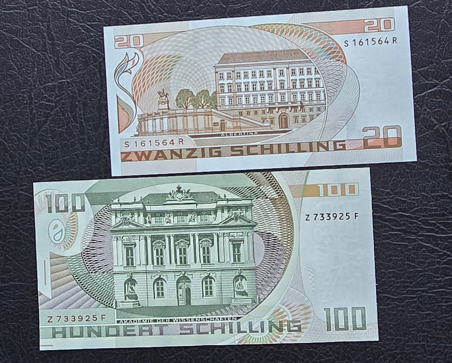 Austria set of 20 and 100 Shillings Schilling 1984- 1986 Gem Uncirculated (UNC) (two notes)