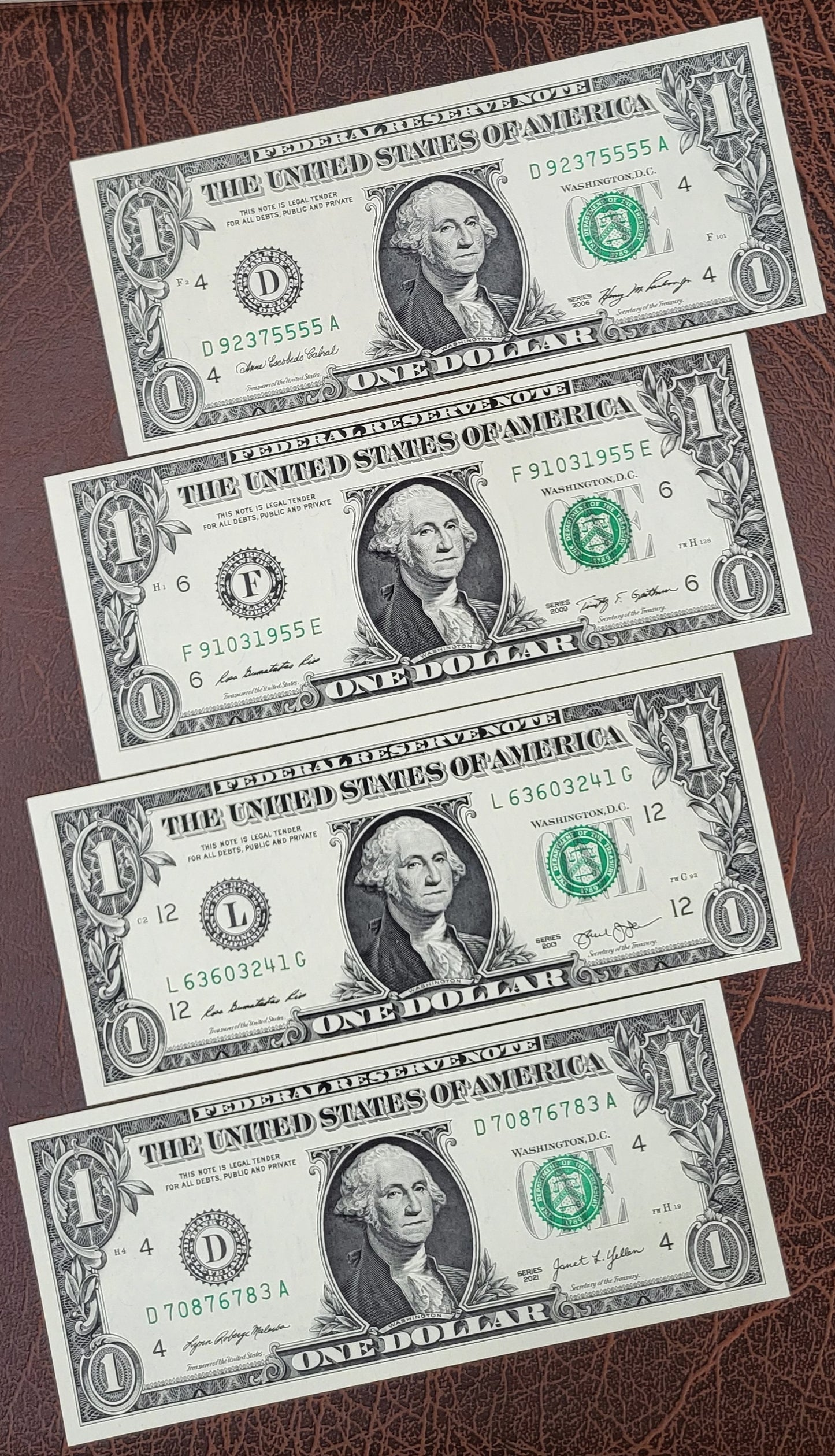 Set of one Dollar United States of America USA 2006, 2009, 2013 and 2021 UNC Uncirculated