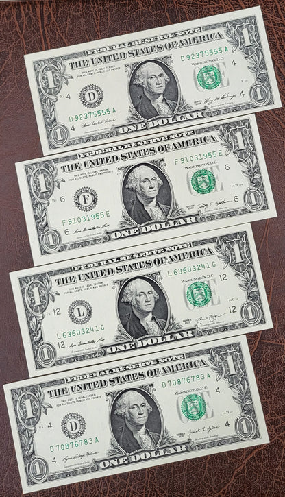Set of one Dollar United States of America USA 2006, 2009, 2013 and 2021 UNC Uncirculated