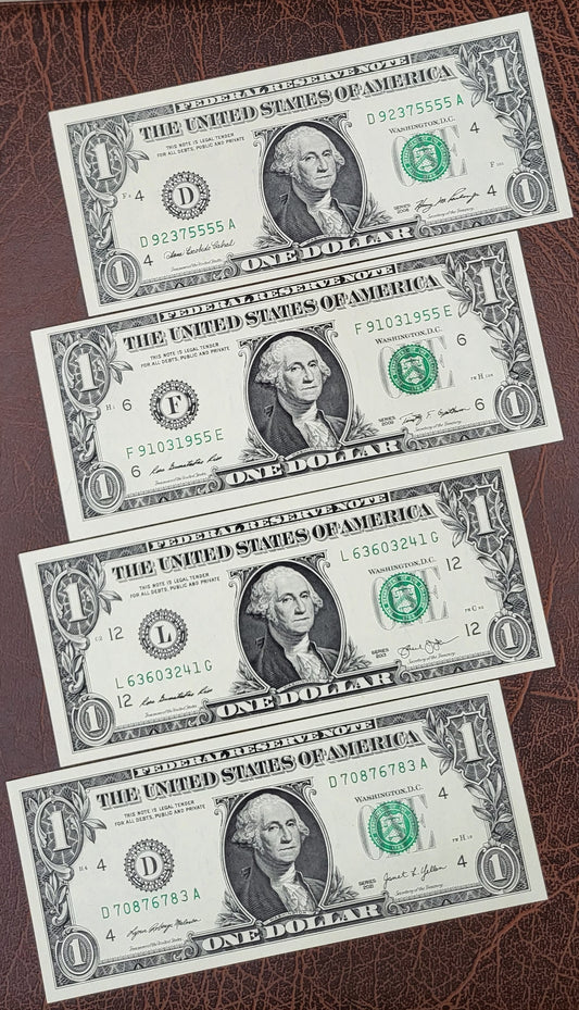 Set of one Dollar United States of America USA 2006, 2009, 2013 and 2021 UNC Uncirculated