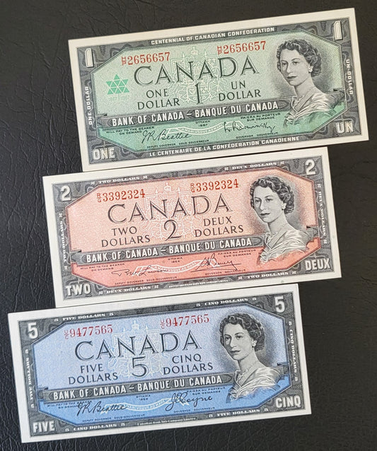 Set of 1, 2 and 5 Dollars 1954- 1967 (three notes) Chronological order Canada Uncirculated UNC Gem