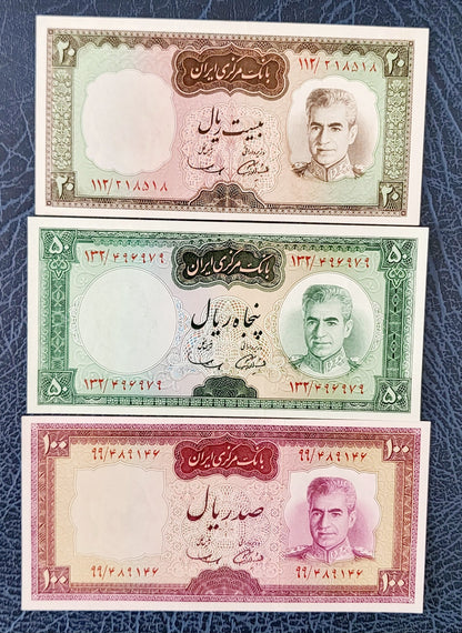 Set of 20, 50, and 100 Rials 1969 Pahlavi Shah Persian notes Uncirculated UNC Superb- Unique Gift set