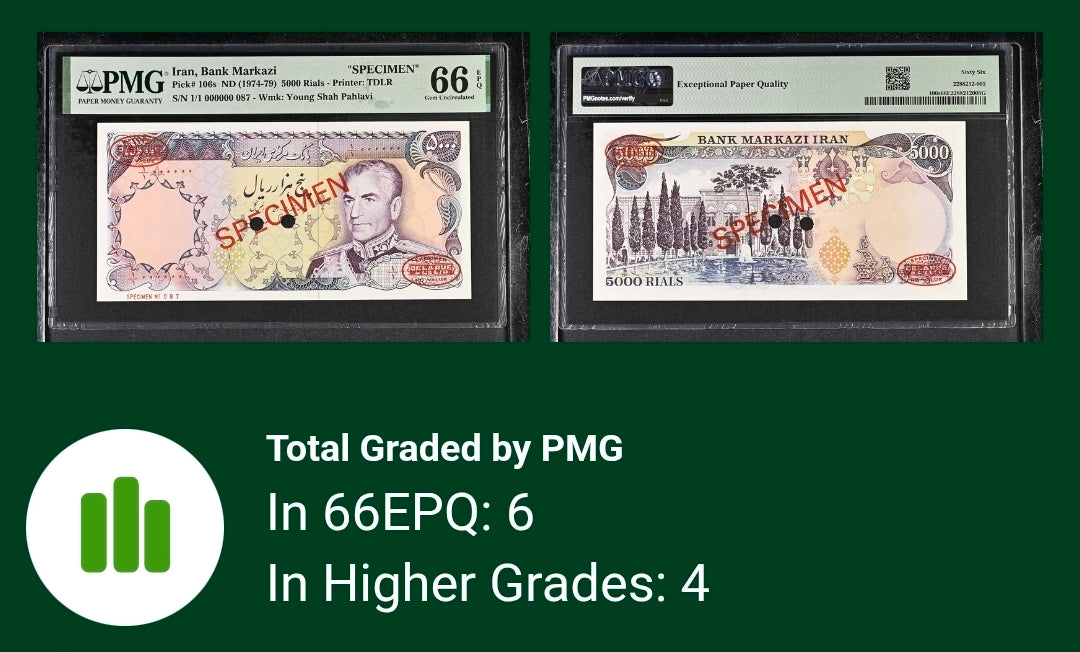 Pahlavi Specimen Note 5000 Rials 1974 Pick 106 Gem Uncirculated PMG 66 EPQ