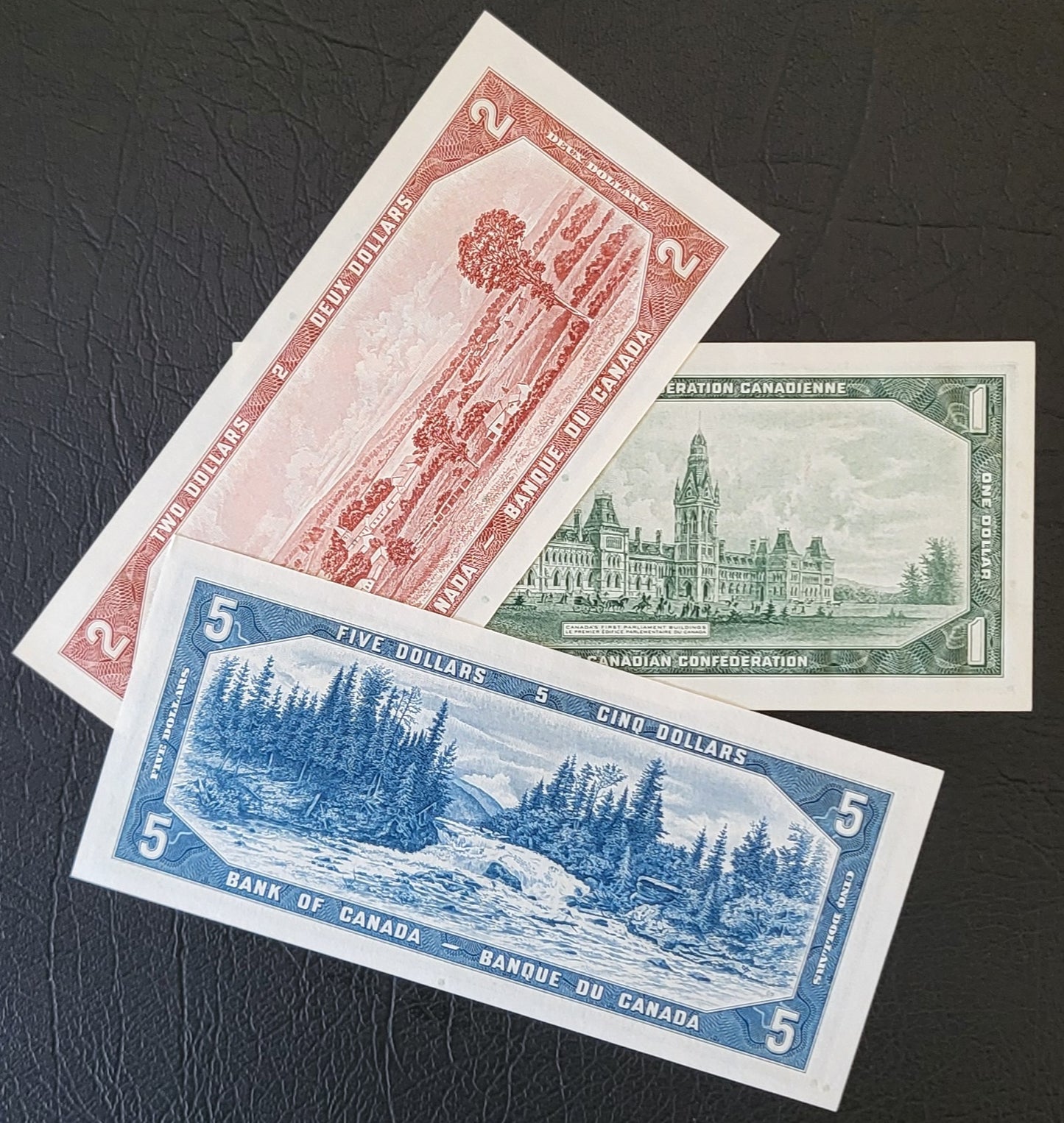 Set of 1, 2 and 5 Dollars 1954- 1967 (three notes) Chronological order Canada Uncirculated UNC Gem