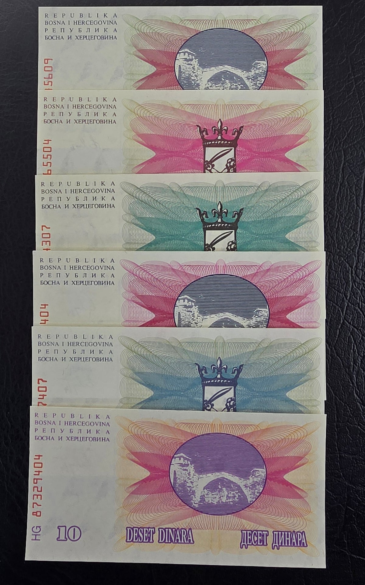 Bosnia set of 10, 25, 50, 100, 500 and 1000 Dinara 1992 Gem Uncirculated UNC (six notes)