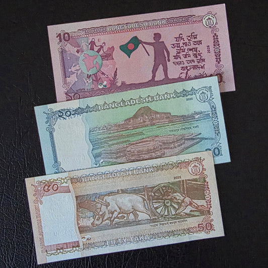 Bangladesh Taka set of 10, 20, and 50 Taka 2025 Uncirculated UNC (3 notes)