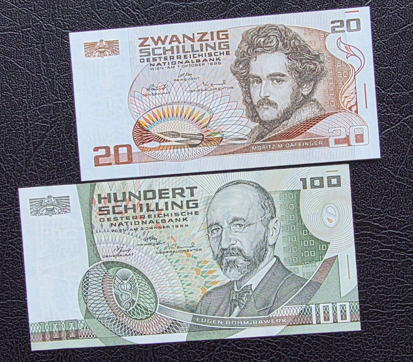 Austria set of 20 and 100 Shillings Schilling 1984- 1986 Gem Uncirculated (UNC) (two notes)