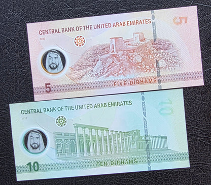 Set of 5 and 10 Dirhams 2023 New versions UAE Uncirculated (UNC) (two notes)