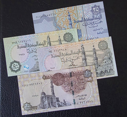 Egypt Pounds set of 25, 50 (×2) and 1 2019 Gem Uncirculated UNC (4 banknotes)