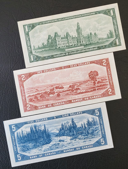 Set of 1, 2 and 5 Dollars 1954- 1967 (three notes) Chronological order Canada Uncirculated UNC Gem