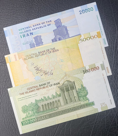 Full Set of 100, 200, 500, 1000, 2000, 5000, 10000 (2), 20000, 50000 and 100000 Rials 1985-2020 Iran Persian banknotes Uncirculated UNC Gem  (11 banknotes)