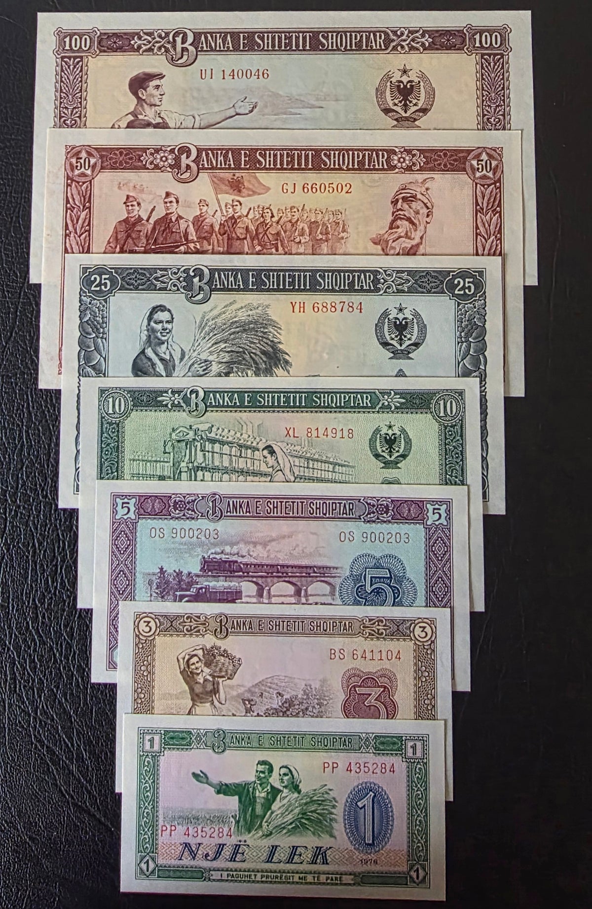 Albania 1, 3, 5, 10, 25, 50 and 100 Leke 1976 Uncirculated UNC (7 notes)
