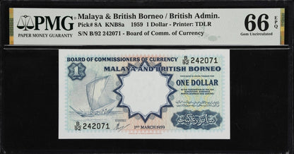 One Dollar 1959 Malaya & British Borneo  PMG 66 EPQ Gem Uncirculated UNC (Consecutive notes)