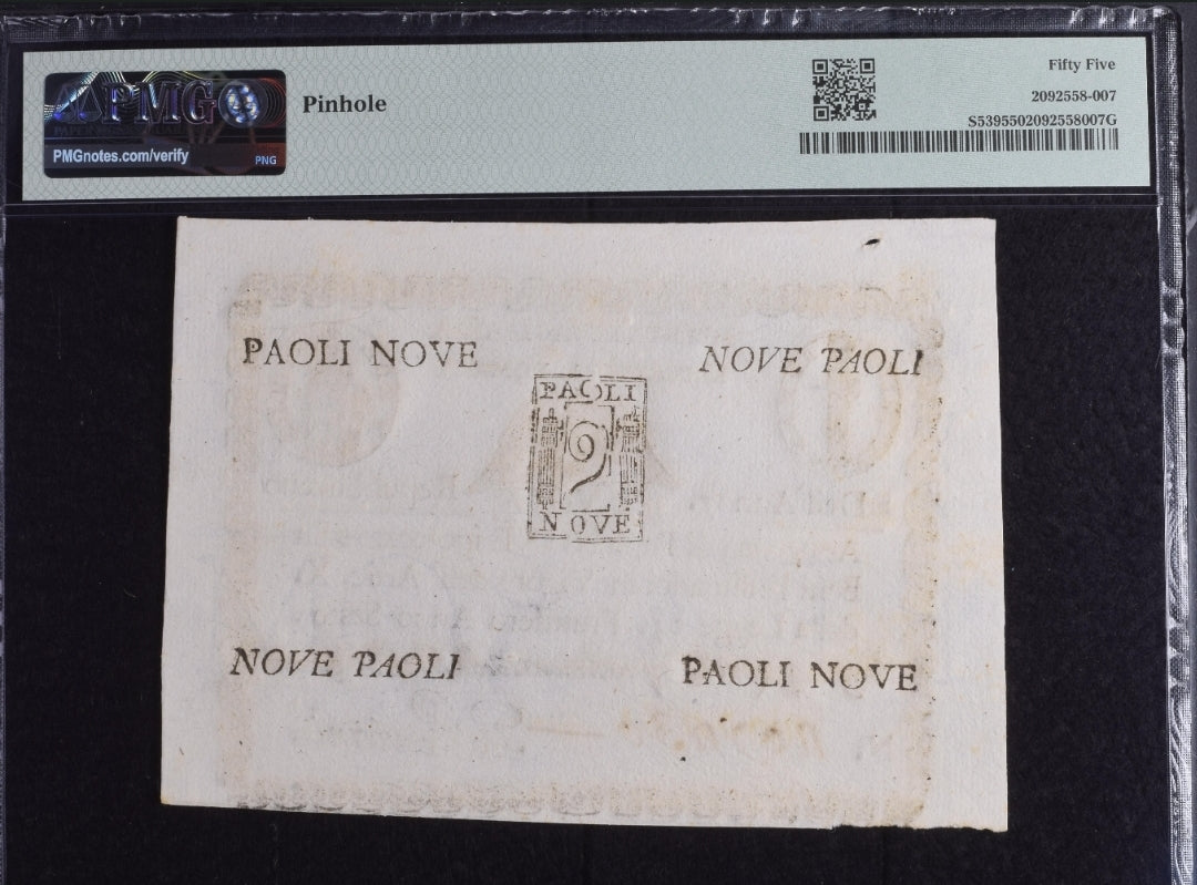 9 Paoli Italian 1798 Italy 🇮🇹  States Prima Repubblica Romana PMG 55 AUNC Rare