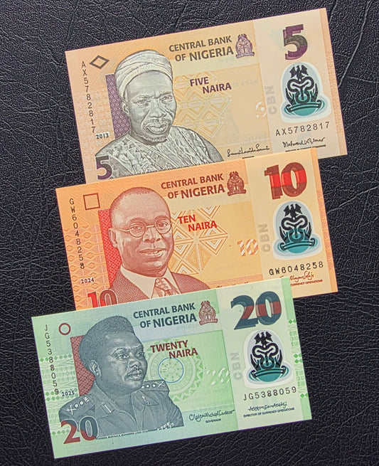Set of 5, 10, and 50 Naira 2013- 2025 Nigeria Polymer notes Uncirculated UNC (three notes)