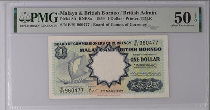 Malaya and British Borneo one Dollar 1959 Pick 8a PMG 50 EPQ