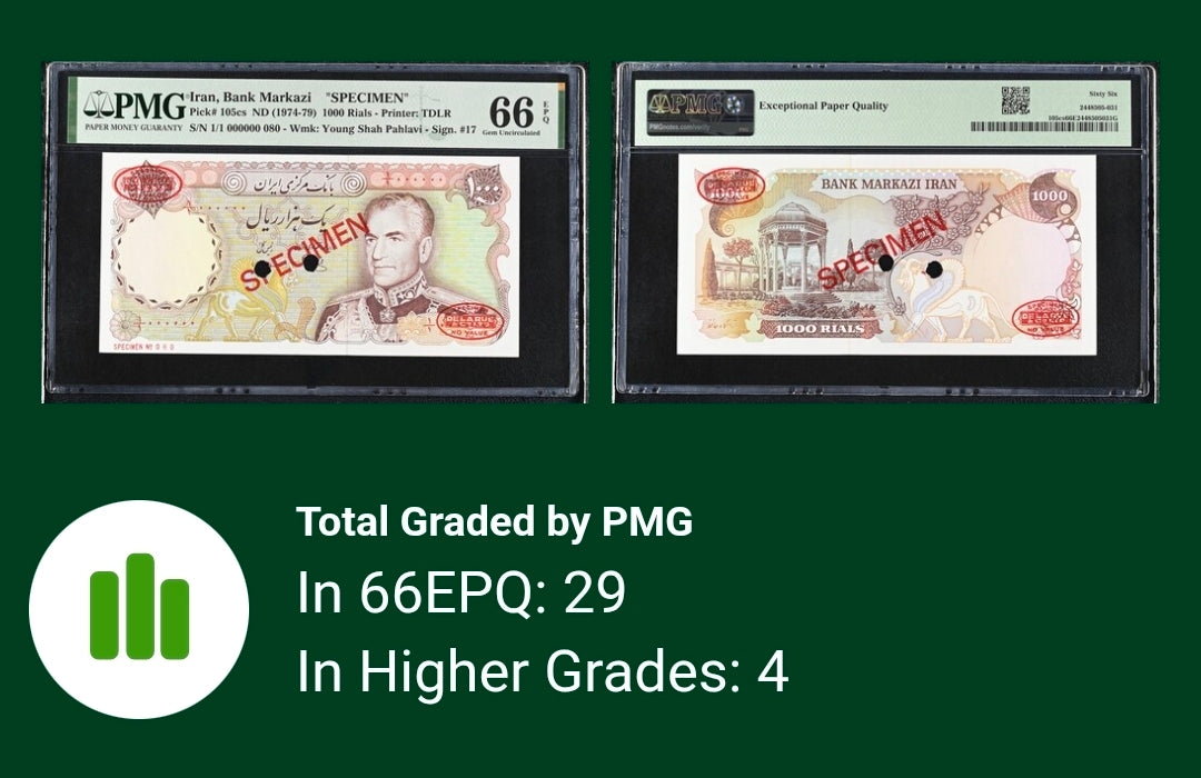 Mohammadreza Shah Specimen 10000 Rials 1974 Gem Uncirculated PMG 66 EPQ