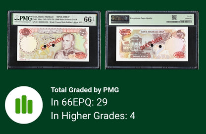 Mohammadreza Shah Specimen 10000 Rials 1974 Gem Uncirculated PMG 66 EPQ